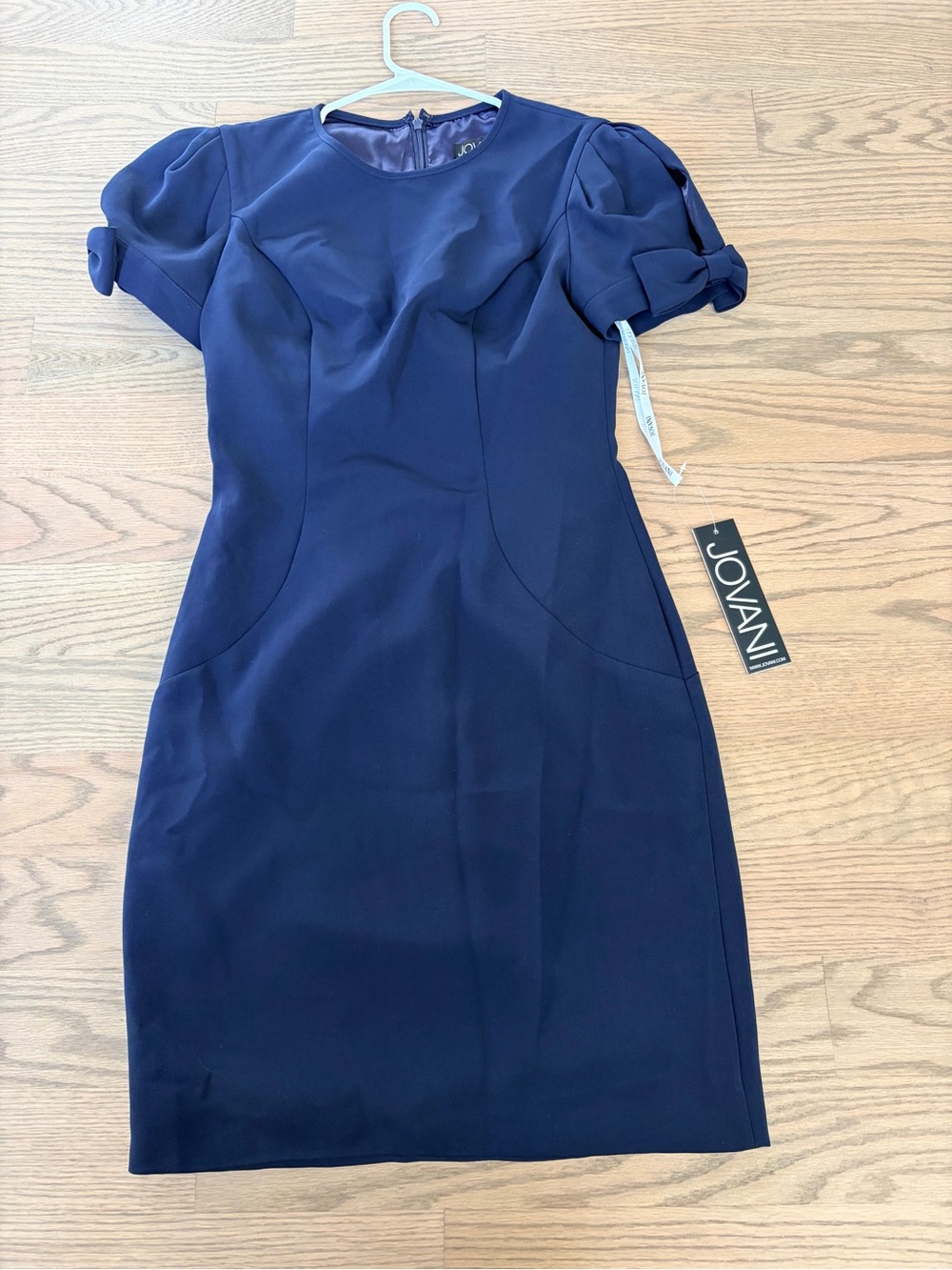 NWT Jovani Navy Blue Sheath Bow Puff Sleeve Cocktail Dress